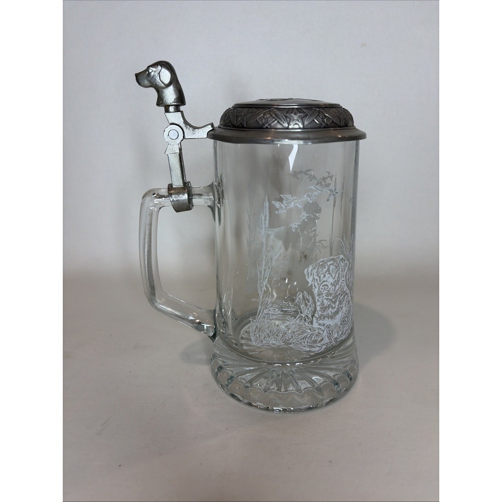 7" Vintage Domex Germany Glass Beer Stein Etched Labrador/Dog‎ Scene Pewter Lid